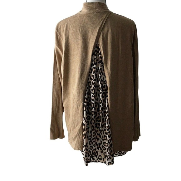 𝅺chico's 3 (XL) Brown Open Front Cardigan Leopard Peek-a-Boo Panel Back Sweater - Picture 5 of 8